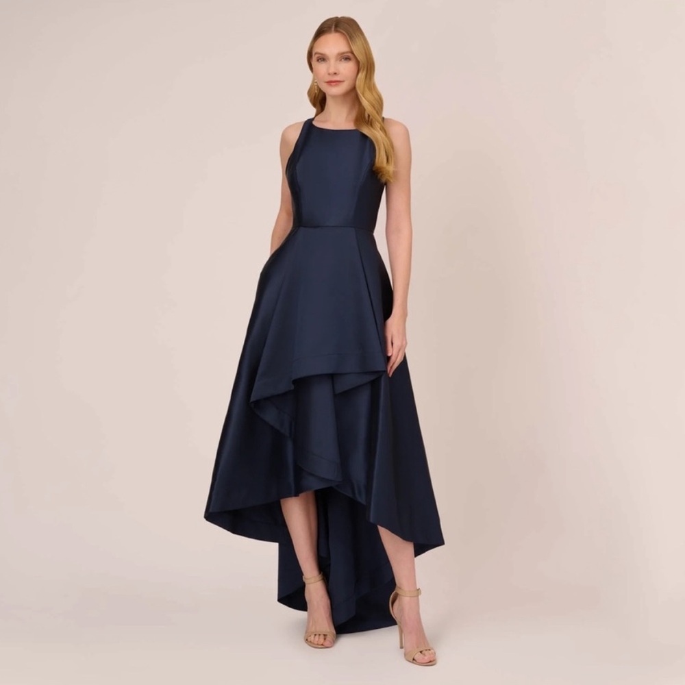 Adrianna Papell Navy Hi Low Satin Gown SZ 12 NWT Formal Evening Dress GALA MOB